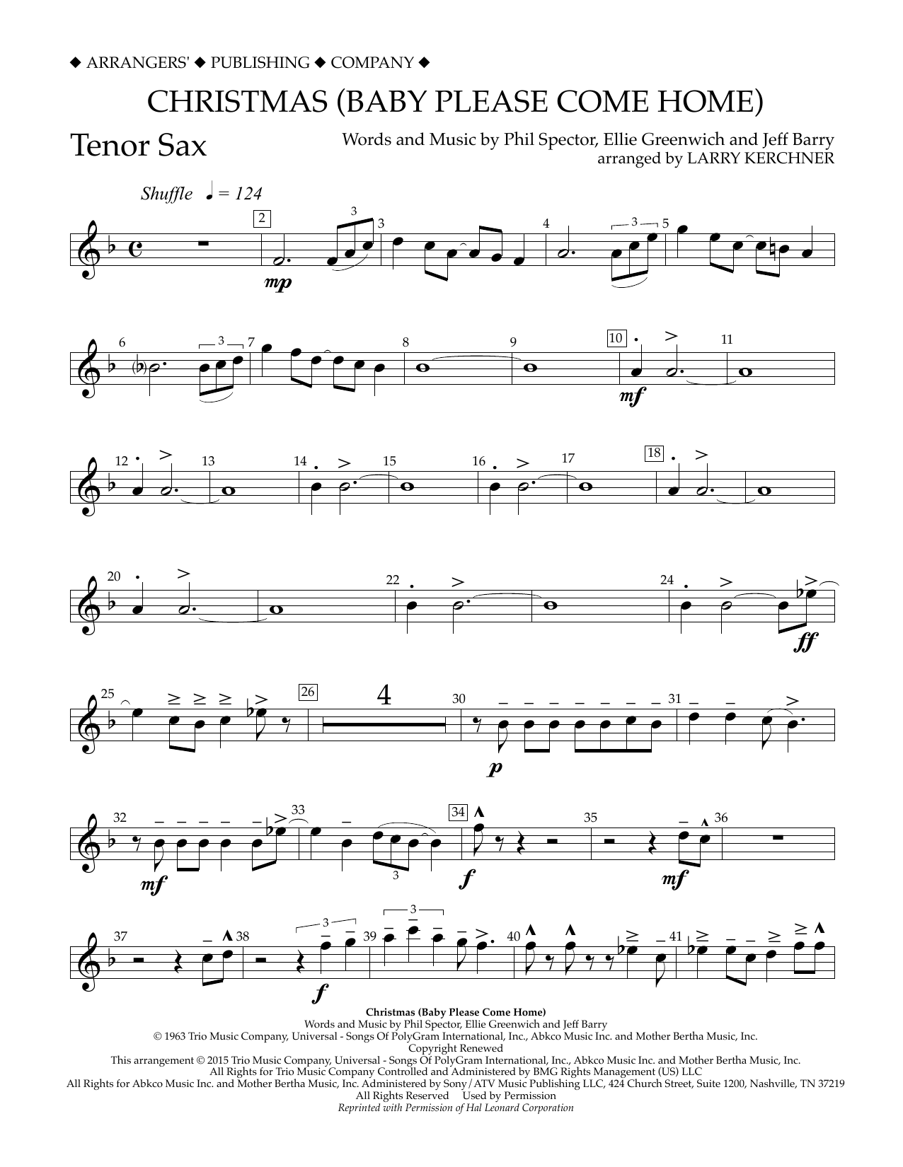 Download Larry Kerchner Christmas (Baby Please Come Home) - Bb Tenor Saxophone Sheet Music and learn how to play Concert Band PDF digital score in minutes
