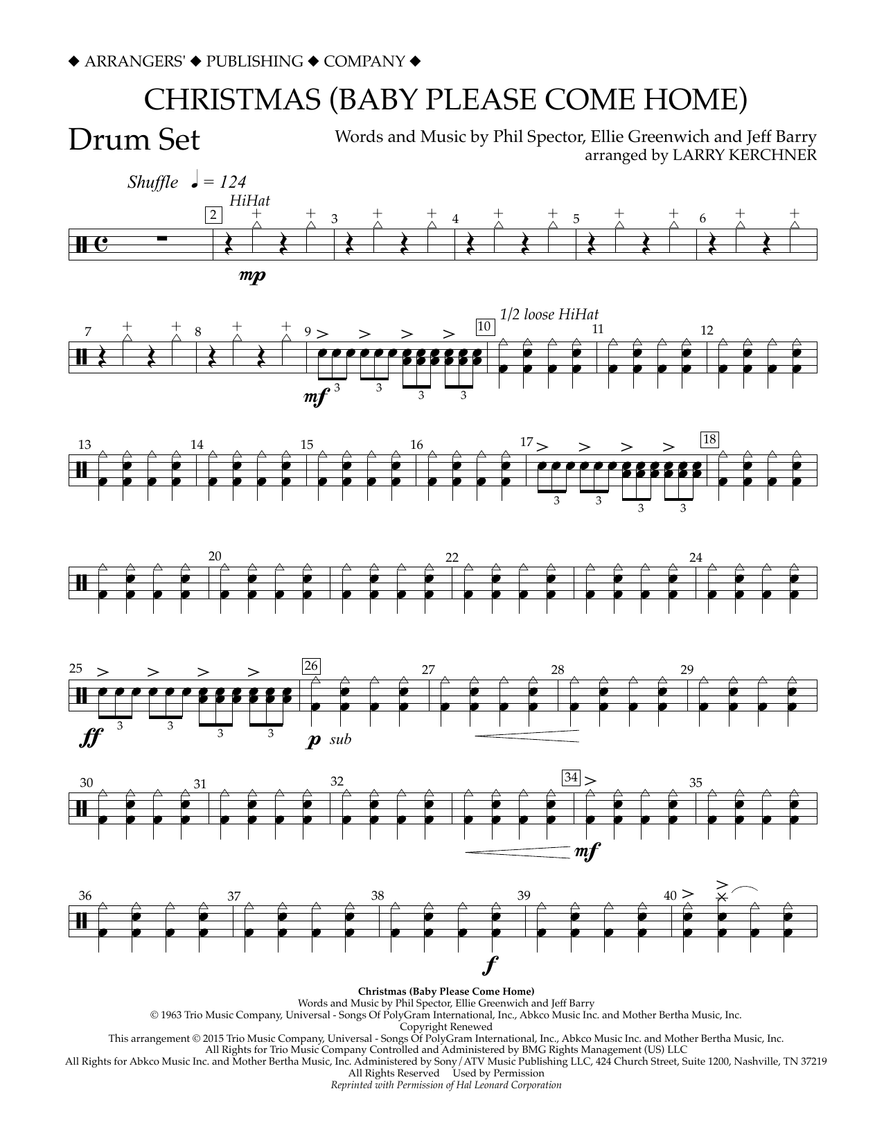 Download Larry Kerchner Christmas (Baby Please Come Home) - Drum Set Sheet Music and learn how to play Concert Band PDF digital score in minutes