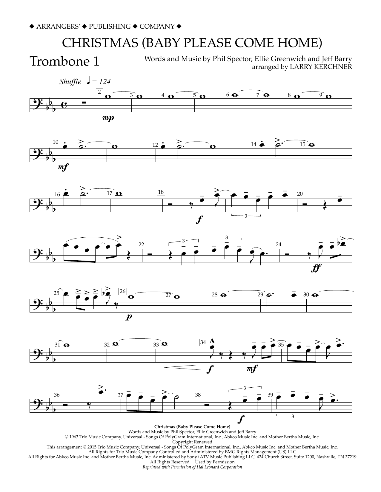 Download Larry Kerchner Christmas (Baby Please Come Home) - Trombone 1 Sheet Music and learn how to play Concert Band PDF digital score in minutes