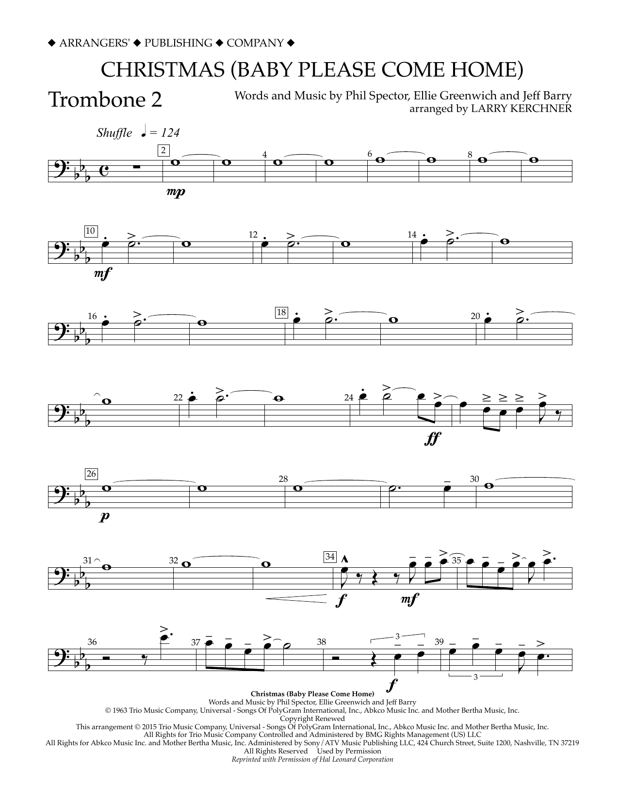 Download Larry Kerchner Christmas (Baby Please Come Home) - Trombone 2 Sheet Music and learn how to play Concert Band PDF digital score in minutes