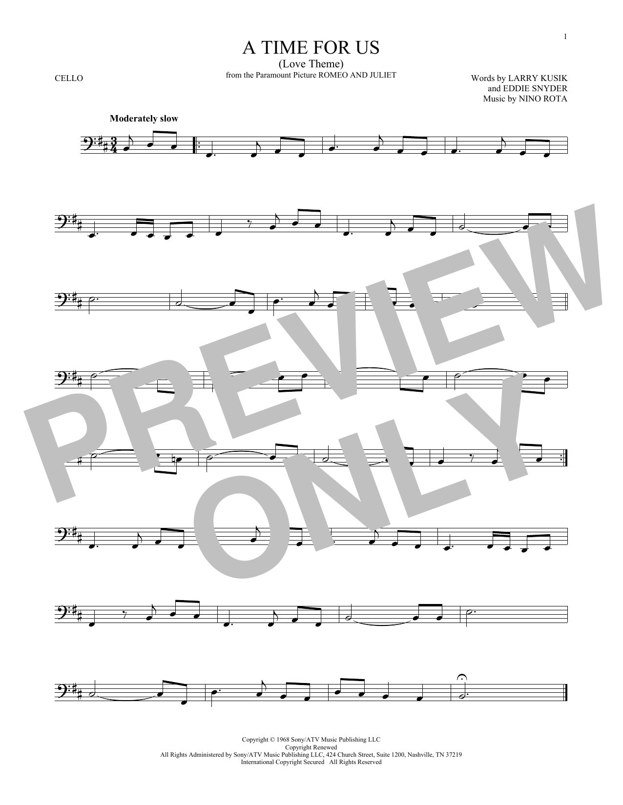 Download Larry Kusik A Time For Us (Love Theme) Sheet Music and learn how to play Cello PDF digital score in minutes