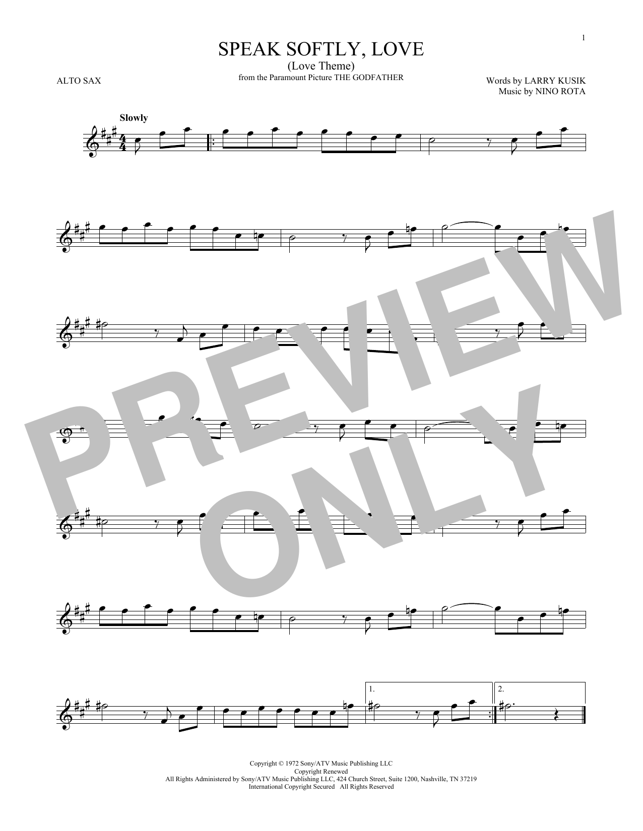 Download Larry Kusik Speak Softly, Love (Love Theme) Sheet Music and learn how to play Alto Saxophone PDF digital score in minutes