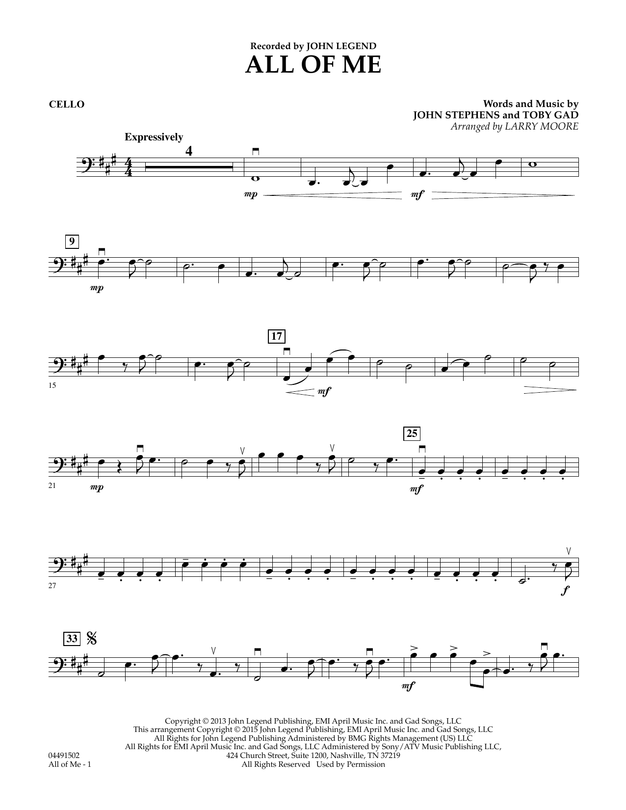 Download Larry Moore All of Me - Cello Sheet Music and learn how to play String Quartet PDF digital score in minutes