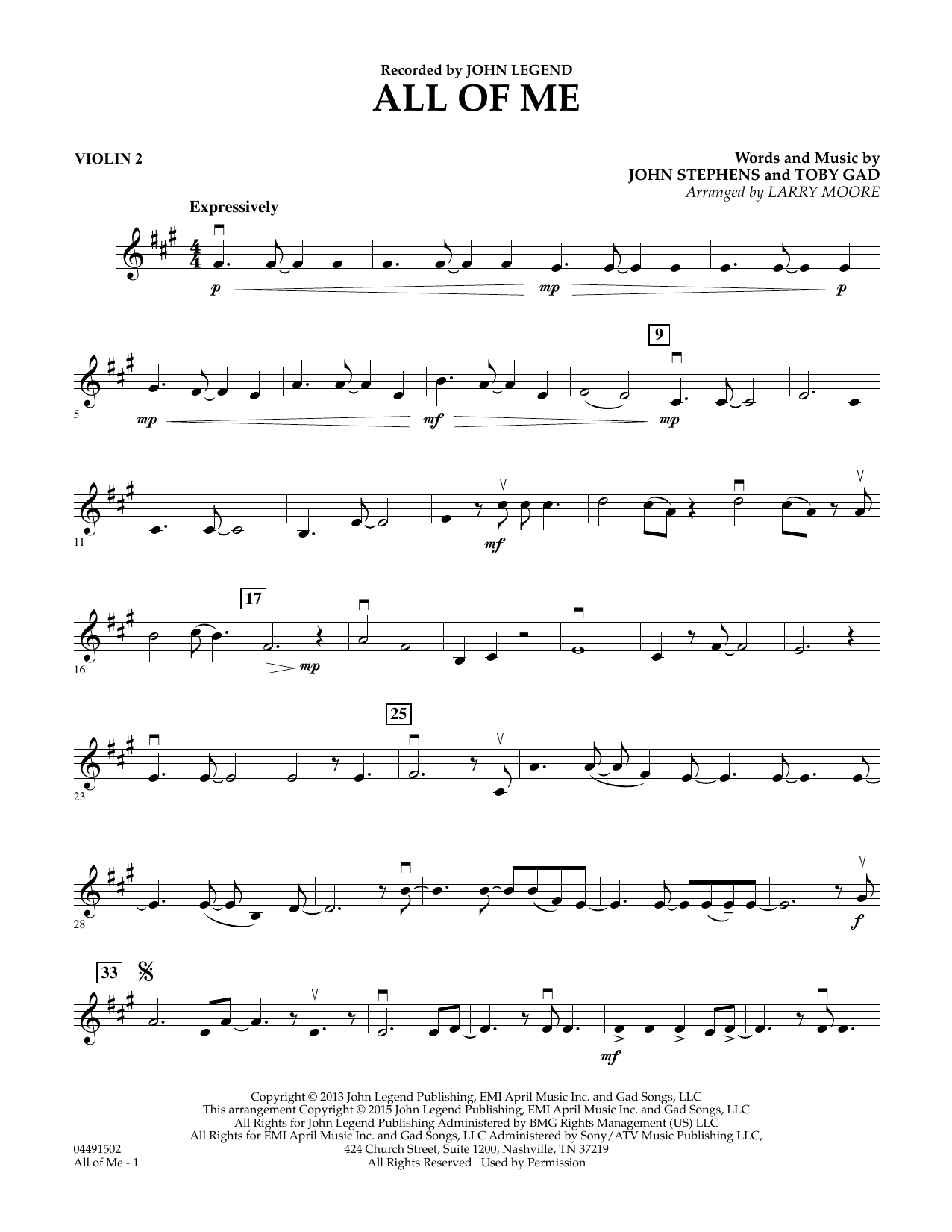 Download Larry Moore All of Me - Violin 2 Sheet Music and learn how to play String Quartet PDF digital score in minutes