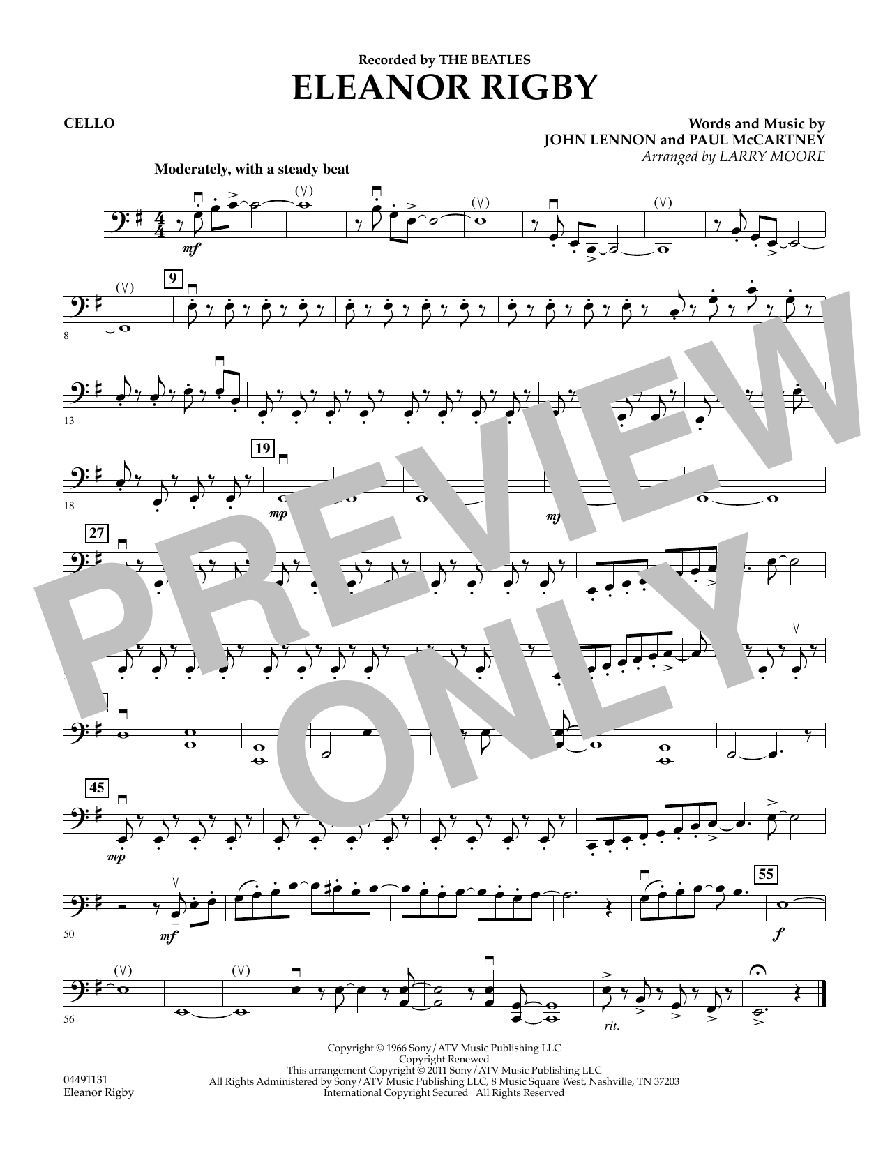 Download Larry Moore Eleanor Rigby - Cello Sheet Music and learn how to play String Quartet PDF digital score in minutes