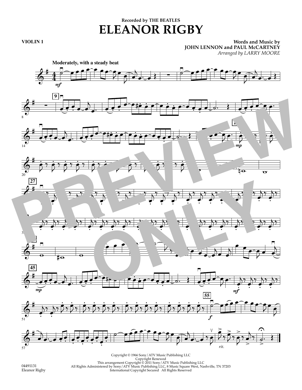 Download Larry Moore Eleanor Rigby - Violin 1 Sheet Music and learn how to play String Quartet PDF digital score in minutes