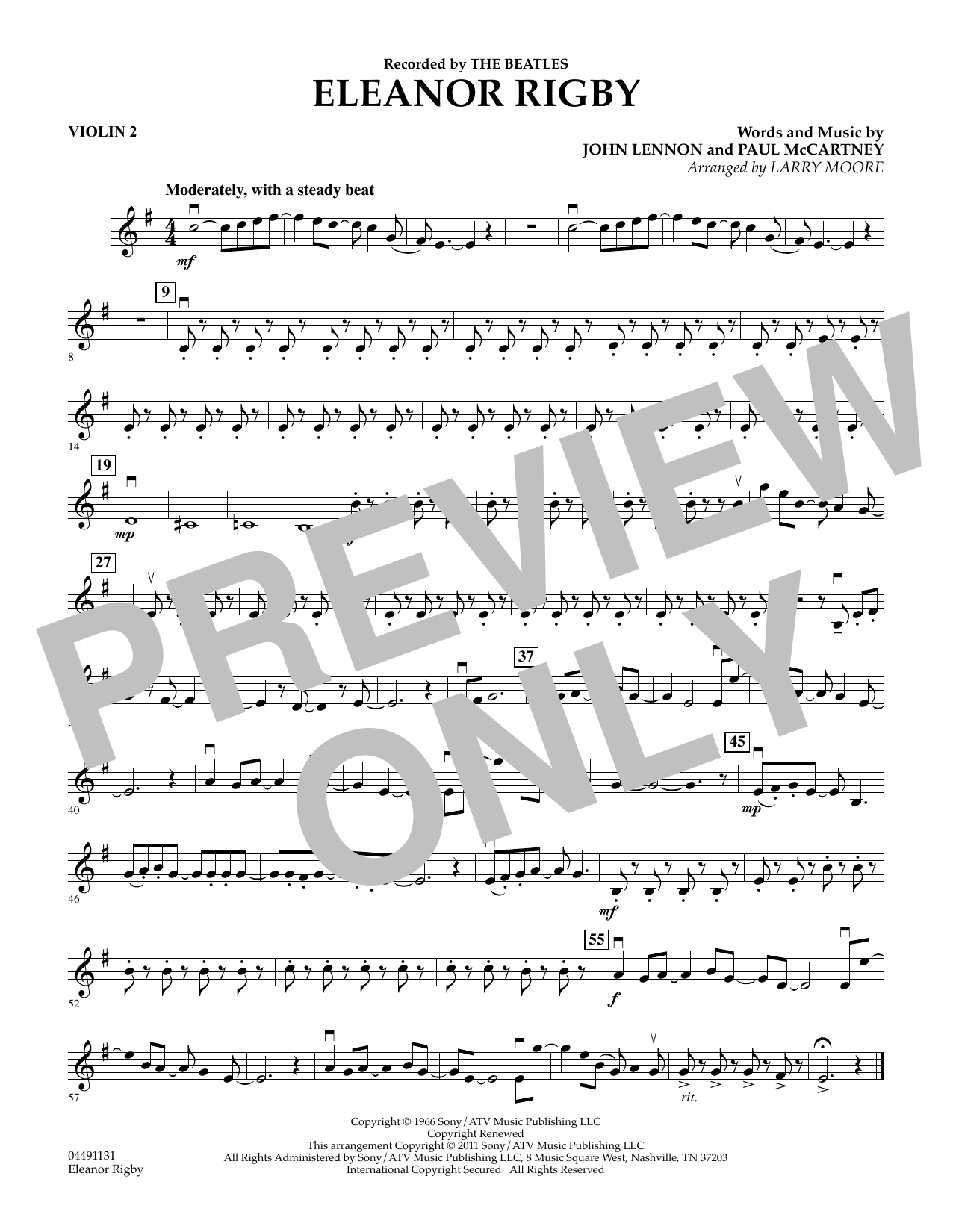Download Larry Moore Eleanor Rigby - Violin 2 Sheet Music and learn how to play String Quartet PDF digital score in minutes