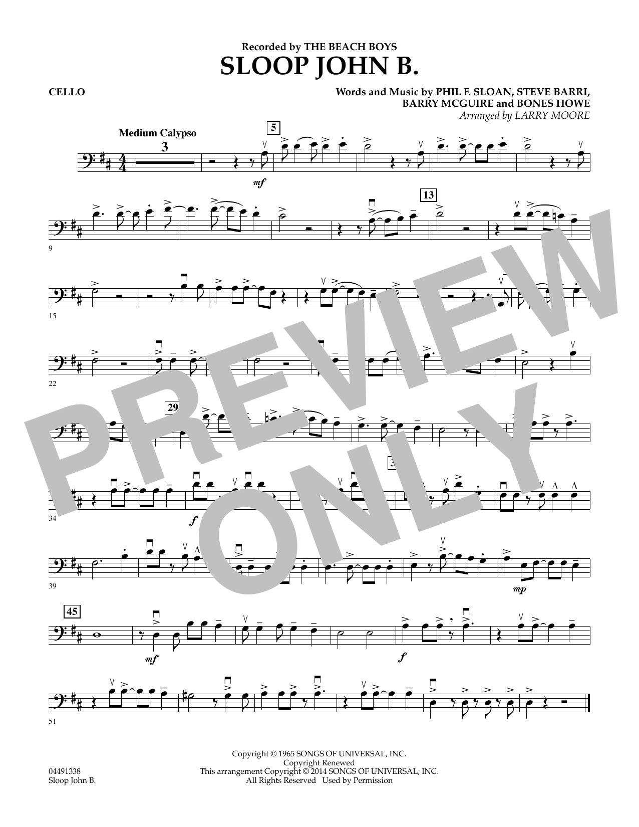 Download Larry Moore Sloop John B - Cello Sheet Music and learn how to play Orchestra PDF digital score in minutes
