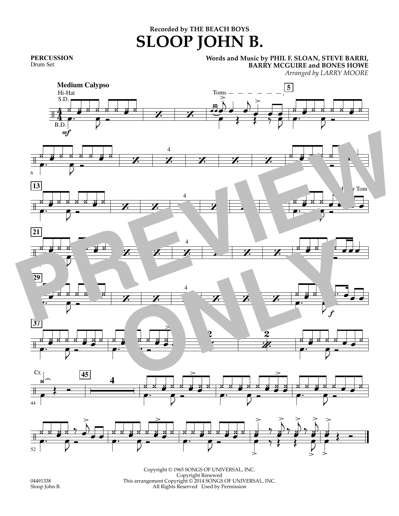 Download Larry Moore Sloop John B - Percussion Sheet Music and learn how to play Orchestra PDF digital score in minutes