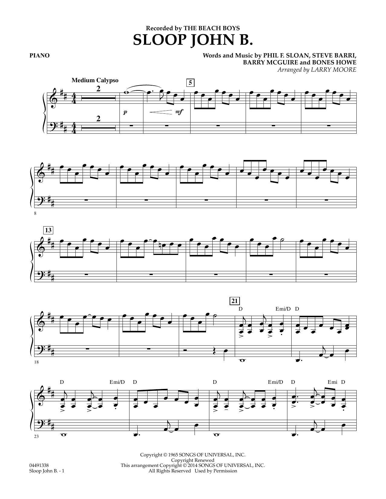 Download Larry Moore Sloop John B - Piano Sheet Music and learn how to play Orchestra PDF digital score in minutes