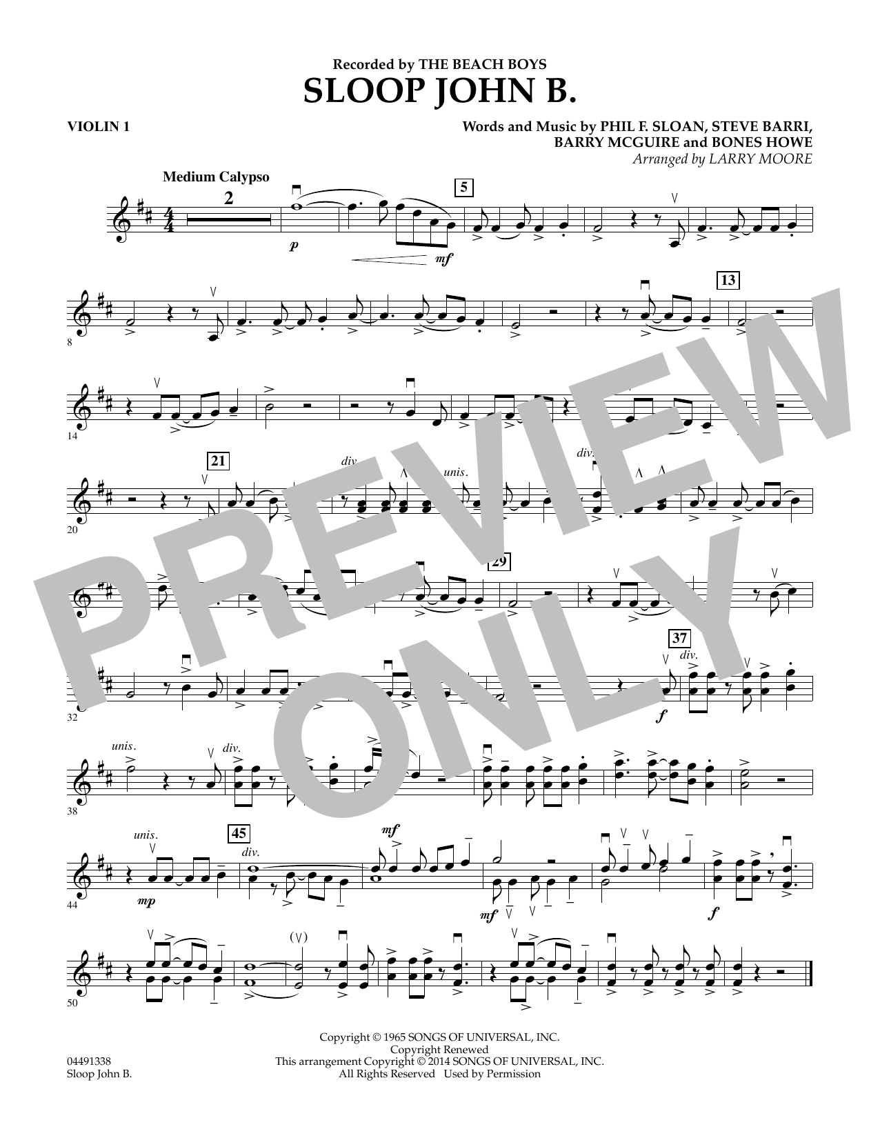Download Larry Moore Sloop John B - Violin 1 Sheet Music and learn how to play Orchestra PDF digital score in minutes