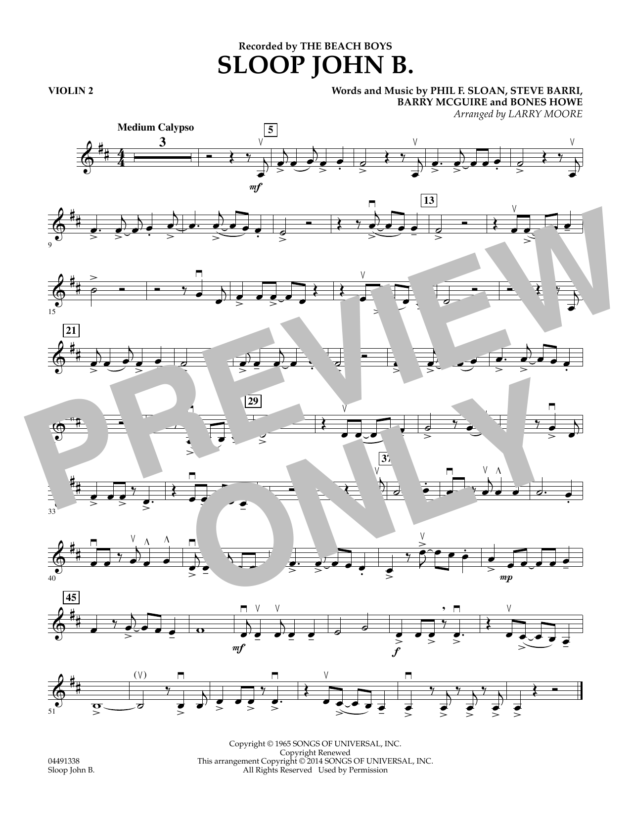 Download Larry Moore Sloop John B - Violin 2 Sheet Music and learn how to play Orchestra PDF digital score in minutes