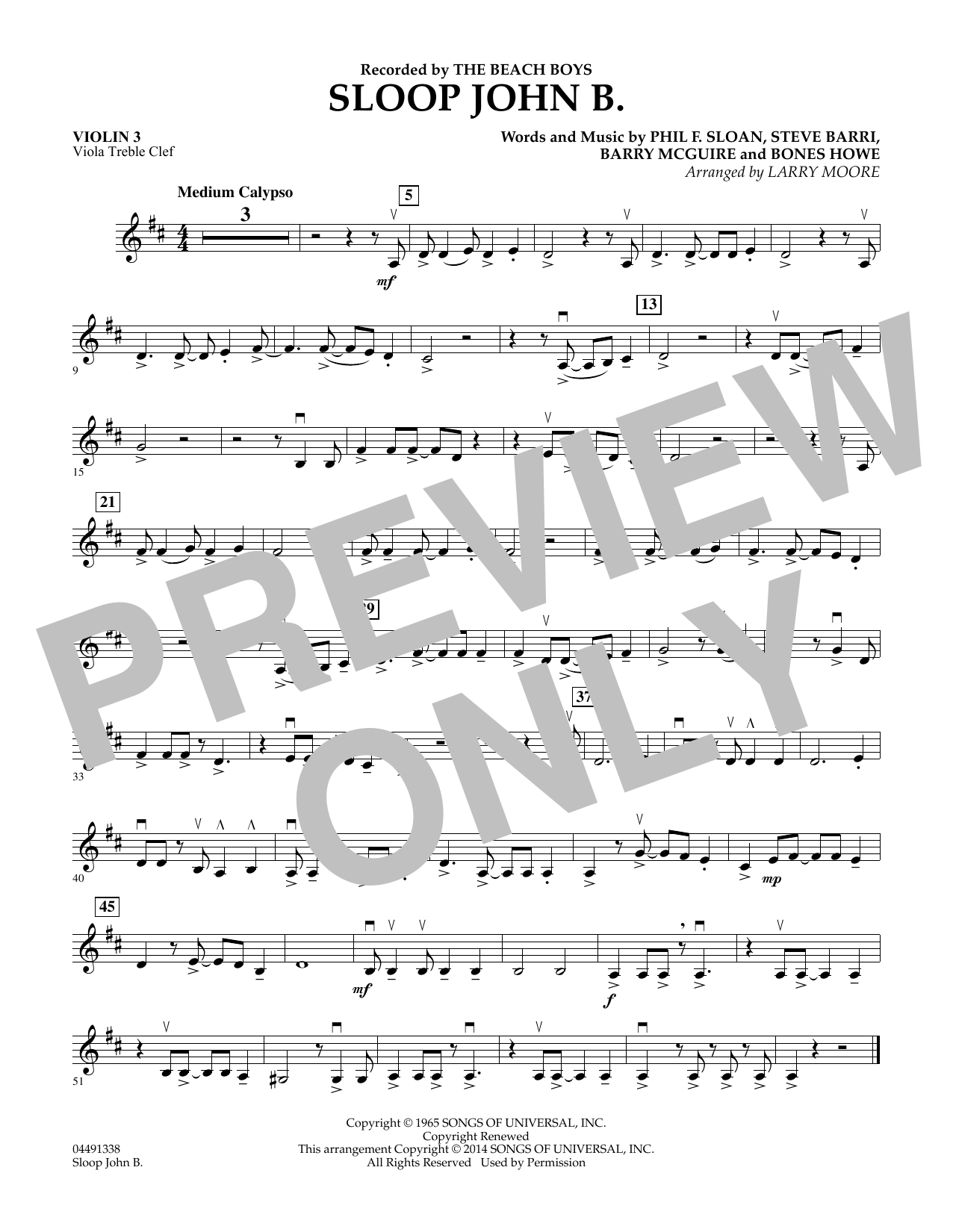 Download Larry Moore Sloop John B - Violin 3 (Viola T.C.) Sheet Music and learn how to play Orchestra PDF digital score in minutes