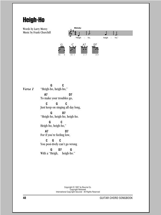 Download Frank Churchill Heigh-Ho Sheet Music and learn how to play Lyrics & Chords PDF digital score in minutes
