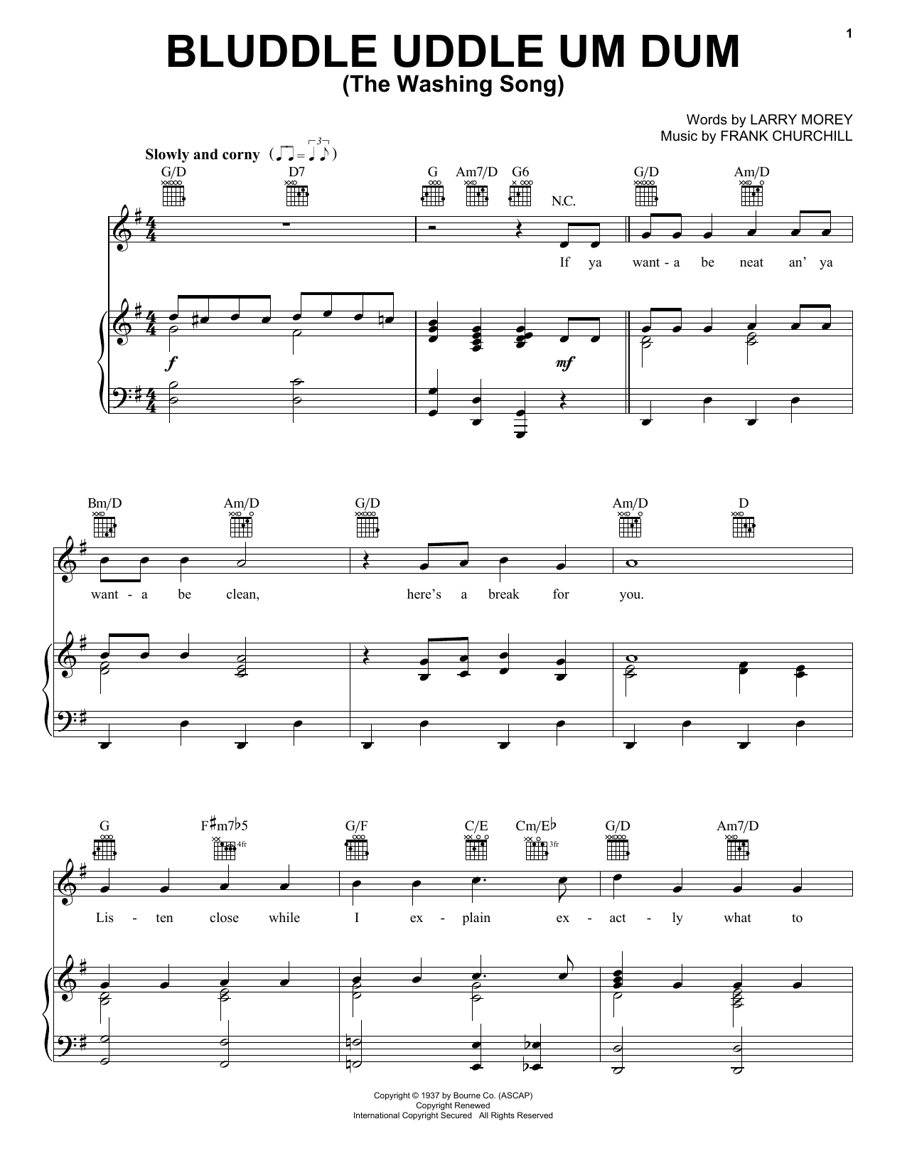 Download Larry Morey and Frank Churchill Bluddle Uddle Um Dum (The Washing Song) (from Walt Disney's Snow White and the S Sheet Music and learn how to play Piano, Vocal & Guitar Chords (Right-Hand Melody) PDF digital score in minutes