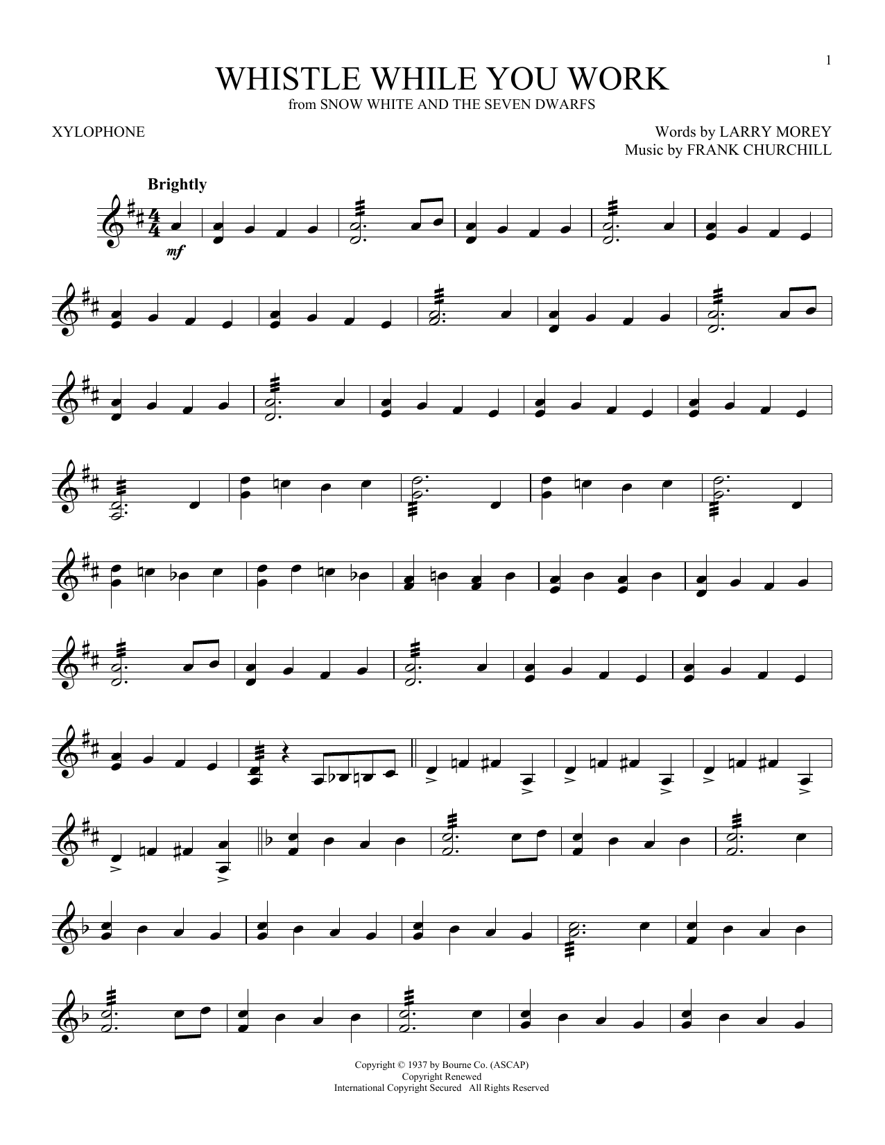 Download Larry Morey and Frank Churchill Whistle While You Work (from Snow White And The Seven Dwarfs) Sheet Music and learn how to play Bells Solo PDF digital score in minutes