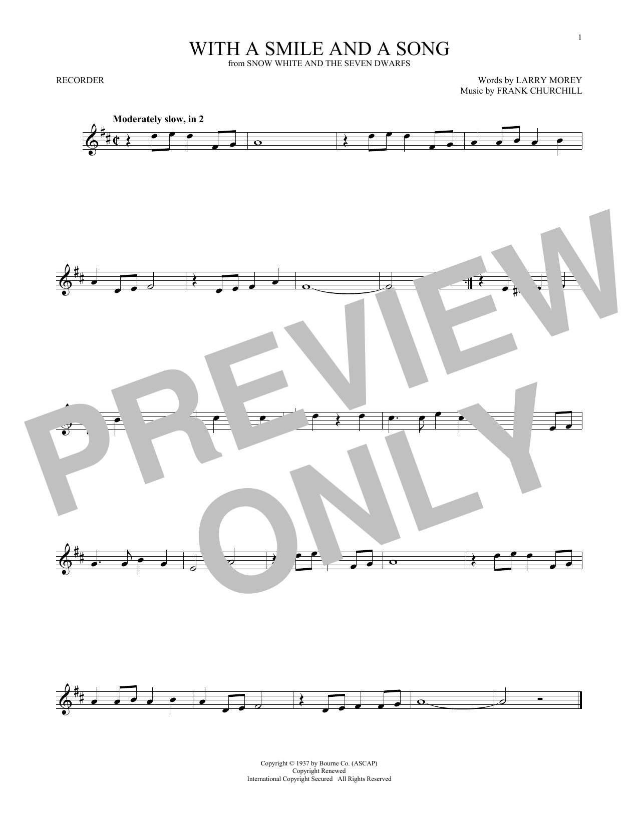 Download Larry Morey and Frank Churchill With A Smile And A Song (from Snow White And The Seven Dwarfs) Sheet Music and learn how to play Recorder Solo PDF digital score in minutes