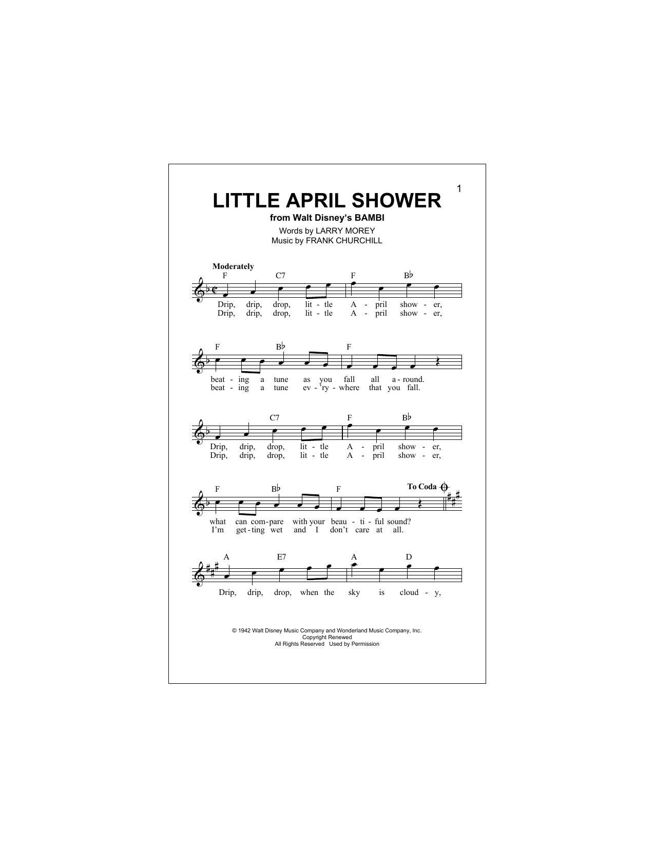 Download Larry Morey Little April Shower Sheet Music and learn how to play Melody Line, Lyrics & Chords PDF digital score in minutes