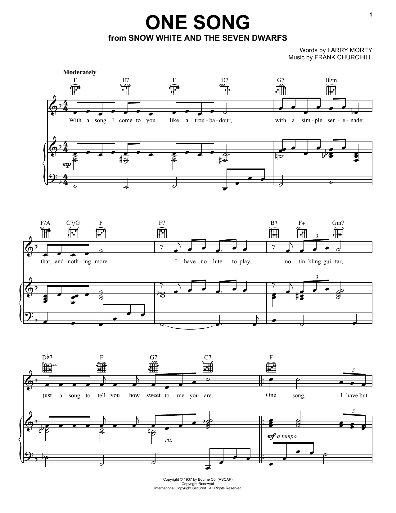 Download Larry Morey One Song Sheet Music and learn how to play Piano, Vocal & Guitar (Right-Hand Melody) PDF digital score in minutes