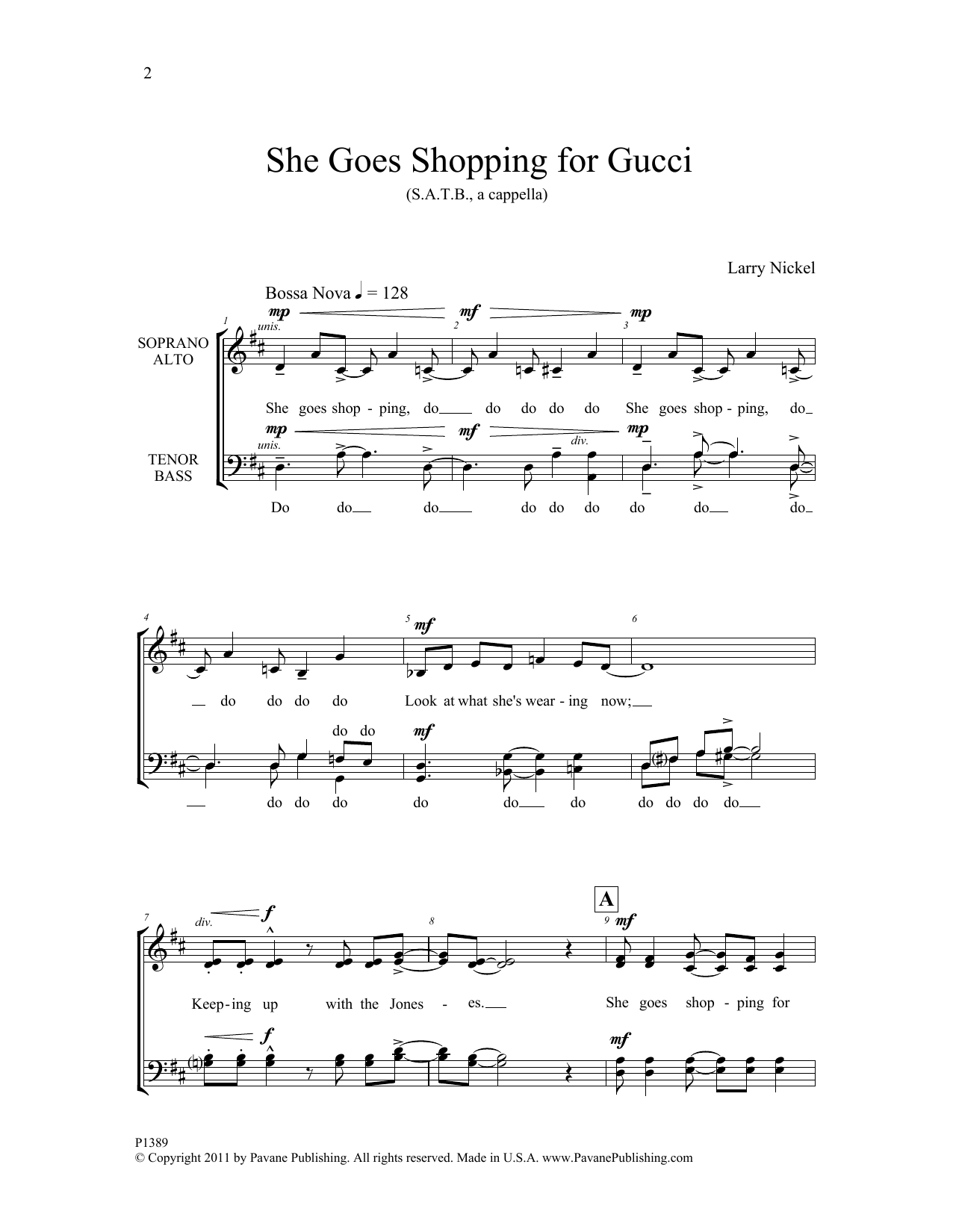 Download Larry Nickel She Goes Shopping for Gucci Sheet Music and learn how to play SATB Choir PDF digital score in minutes