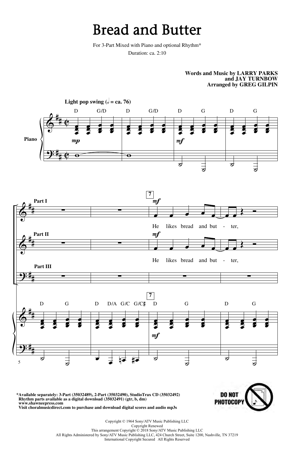 Download Larry Parks & Jay Turnbow Bread And Butter (arr. Greg Gilpin) Sheet Music and learn how to play 2-Part Choir PDF digital score in minutes