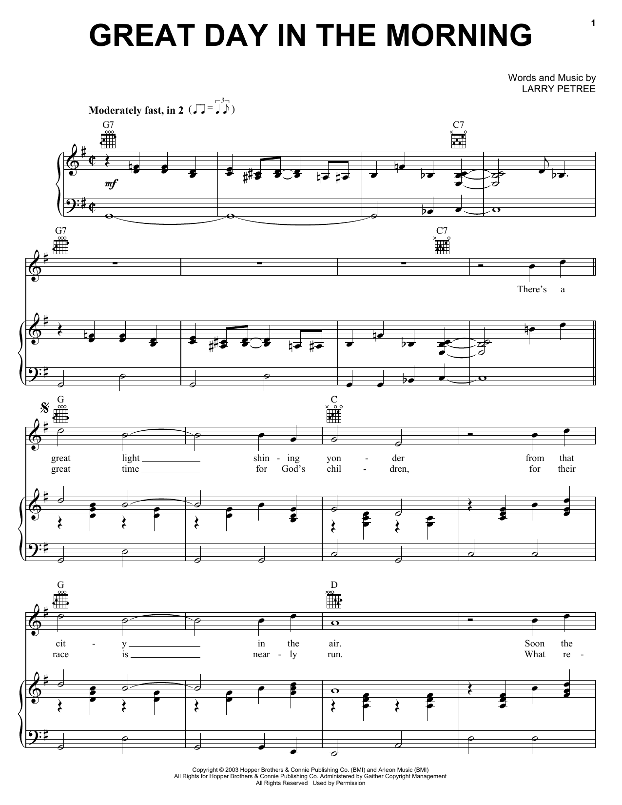 Download The Hoppers Great Day In the Morning Sheet Music and learn how to play Piano, Vocal & Guitar (Right-Hand Melody) PDF digital score in minutes