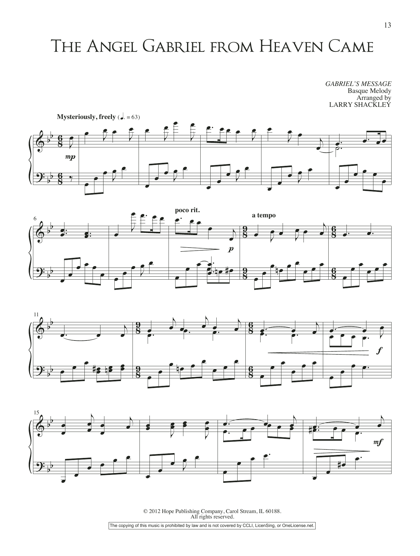 Download Larry Shackley The Angel Gabriel From Heaven Came Sheet Music and learn how to play Piano Solo PDF digital score in minutes
