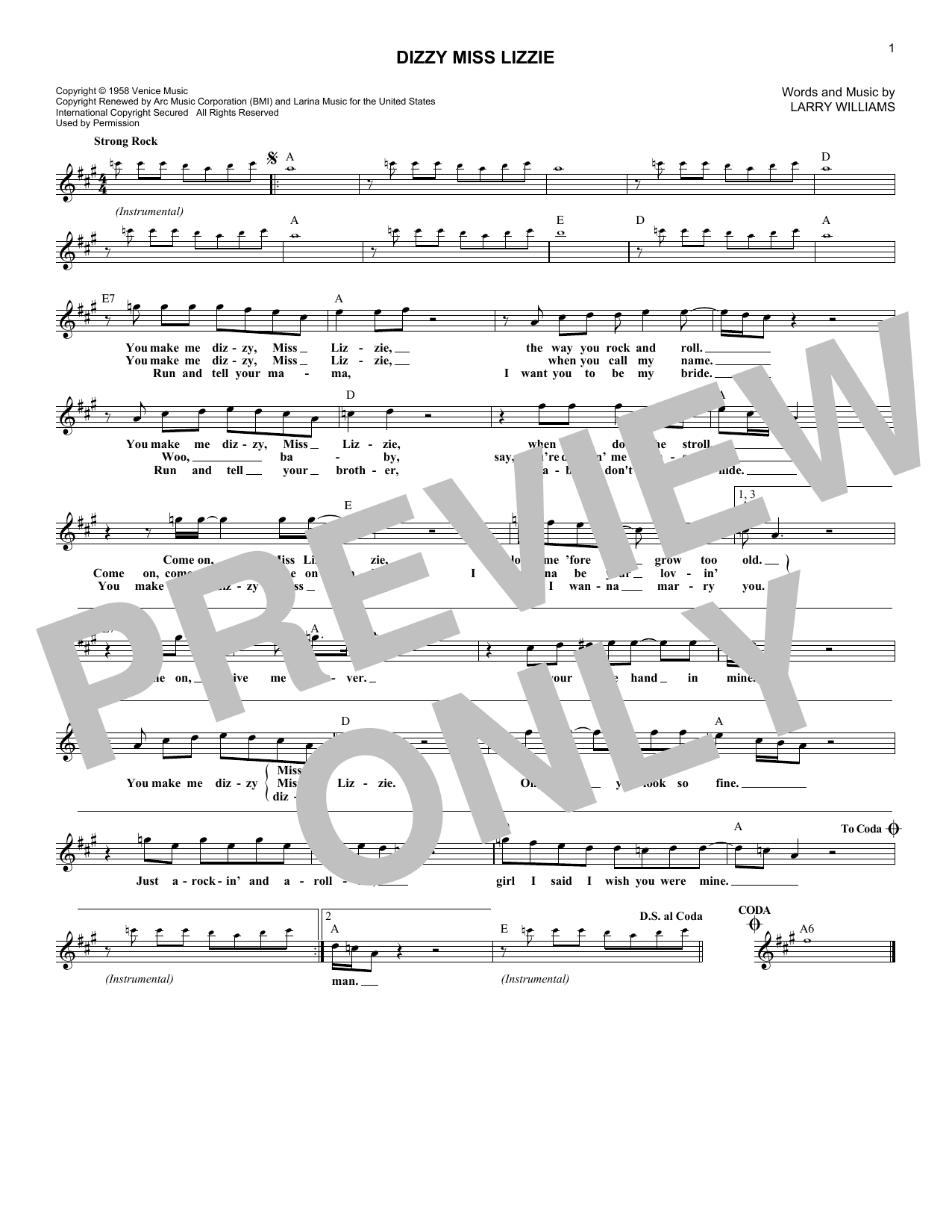 Download Larry Williams Dizzy Miss Lizzie Sheet Music and learn how to play Melody Line, Lyrics & Chords PDF digital score in minutes