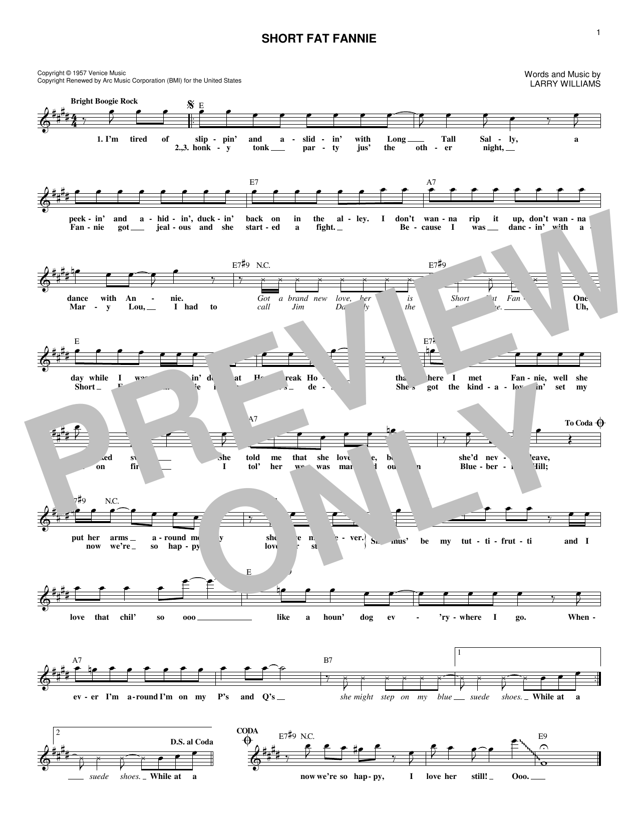 Download Larry Williams Short Fat Fannie Sheet Music and learn how to play Melody Line, Lyrics & Chords PDF digital score in minutes