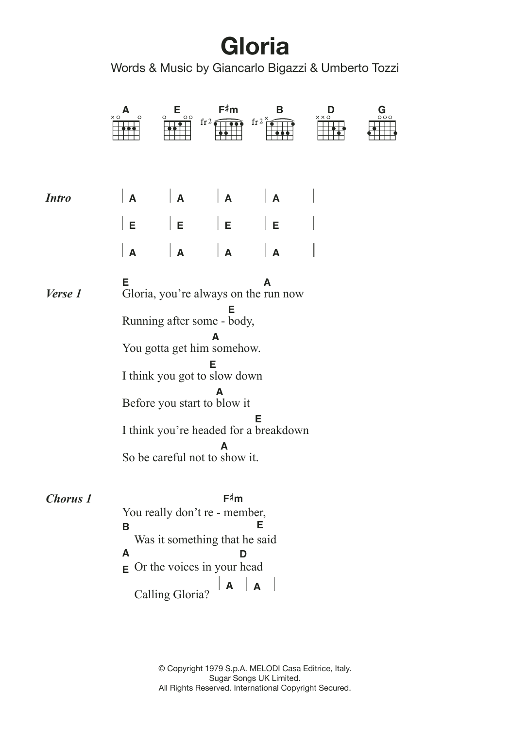 Download Laura Branigan Gloria Sheet Music and learn how to play Lyrics & Chords PDF digital score in minutes