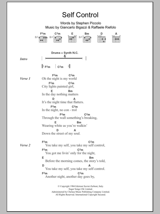 Download Laura Branigan Self Control Sheet Music and learn how to play Lyrics & Chords PDF digital score in minutes