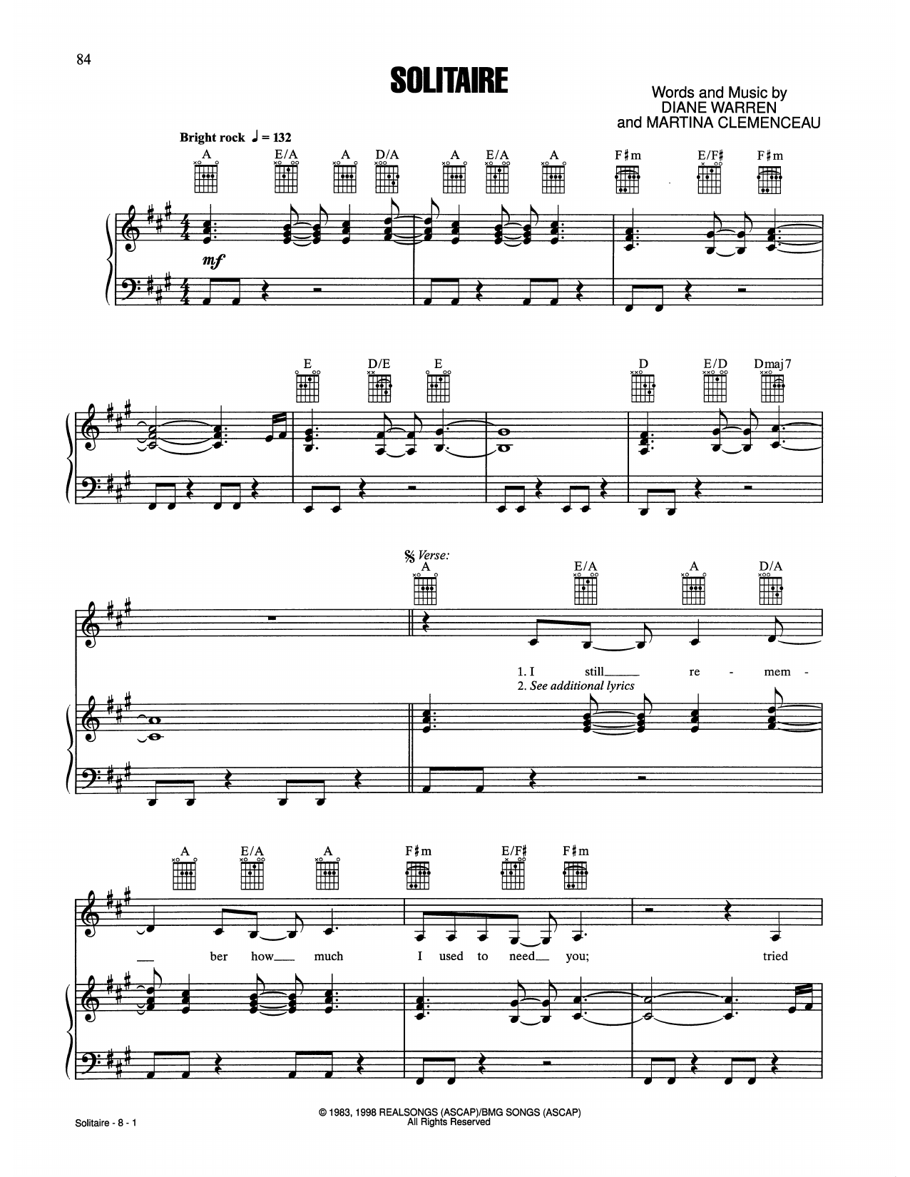 Download Laura Branigan Solitaire Sheet Music and learn how to play Piano, Vocal & Guitar Chords (Right-Hand Melody) PDF digital score in minutes