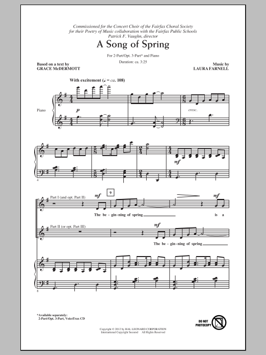 Download Laura Farnell A Song Of Spring Sheet Music and learn how to play 2-Part Choir PDF digital score in minutes
