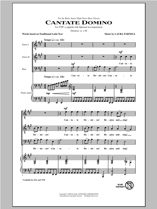 Download Laura Farnell Cantate Domino Sheet Music and learn how to play TTBB PDF digital score in minutes
