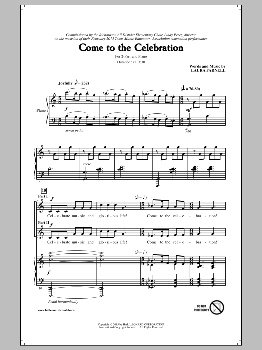 Download Laura Farnell Come To The Celebration Sheet Music and learn how to play 2-Part Choir PDF digital score in minutes