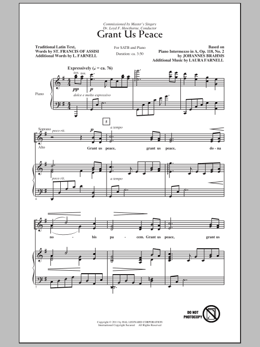 Download Johannes Brahms Grant Us Peace (arr. Laura Farnell) Sheet Music and learn how to play SATB PDF digital score in minutes