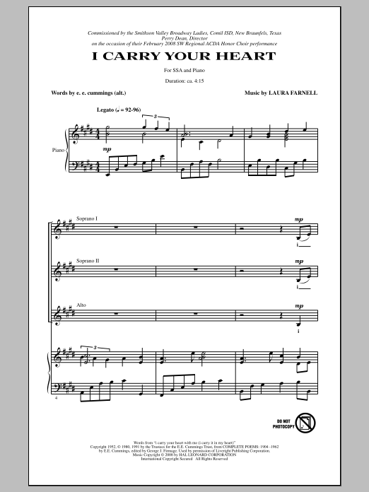 Download Laura Farnell I Carry Your Heart Sheet Music and learn how to play SSA PDF digital score in minutes