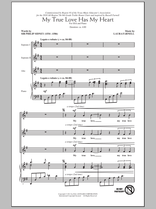 Download Laura Farnell My True Love Has My Heart Sheet Music and learn how to play SSA Choir PDF digital score in minutes