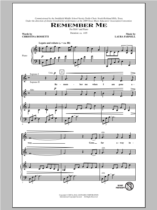 Download Laura Farnell Remember Me Sheet Music and learn how to play SSA PDF digital score in minutes