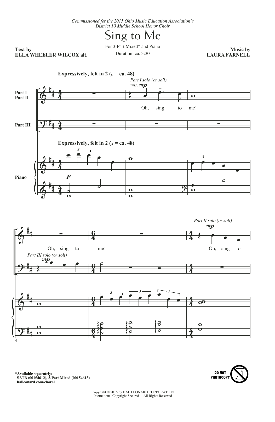 Download Laura Farnell Sing To Me Sheet Music and learn how to play 3-Part Mixed PDF digital score in minutes