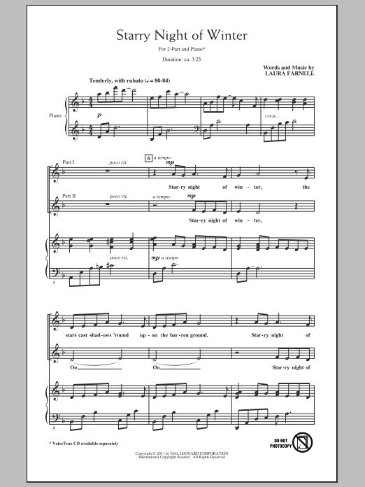 Download Laura Farnell Starry Night Of Winter Sheet Music and learn how to play 2-Part Choir PDF digital score in minutes