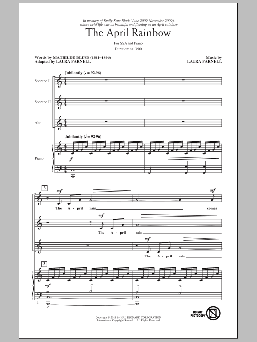 Download Laura Farnell The April Rainbow Sheet Music and learn how to play SSA PDF digital score in minutes
