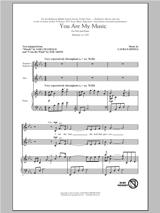 Download Laura Farnell You Are My Music Sheet Music and learn how to play SSA PDF digital score in minutes