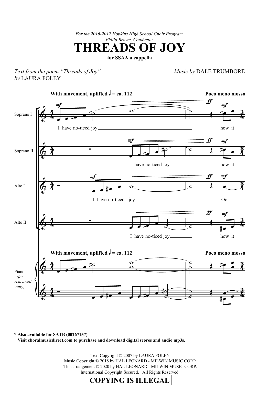 Download Laura Foley and Dale Trumbore Threads Of Joy Sheet Music and learn how to play SSAA Choir PDF digital score in minutes