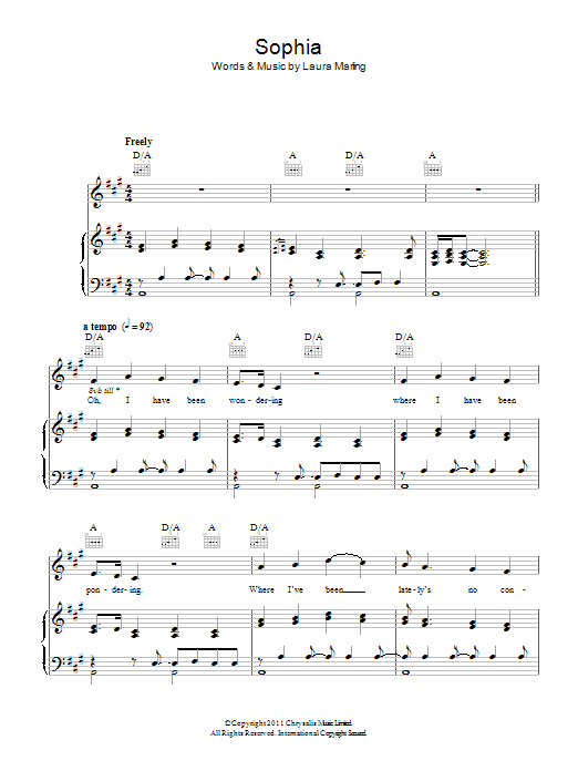 Download Laura Marling Sophia Sheet Music and learn how to play Piano, Vocal & Guitar (Right-Hand Melody) PDF digital score in minutes