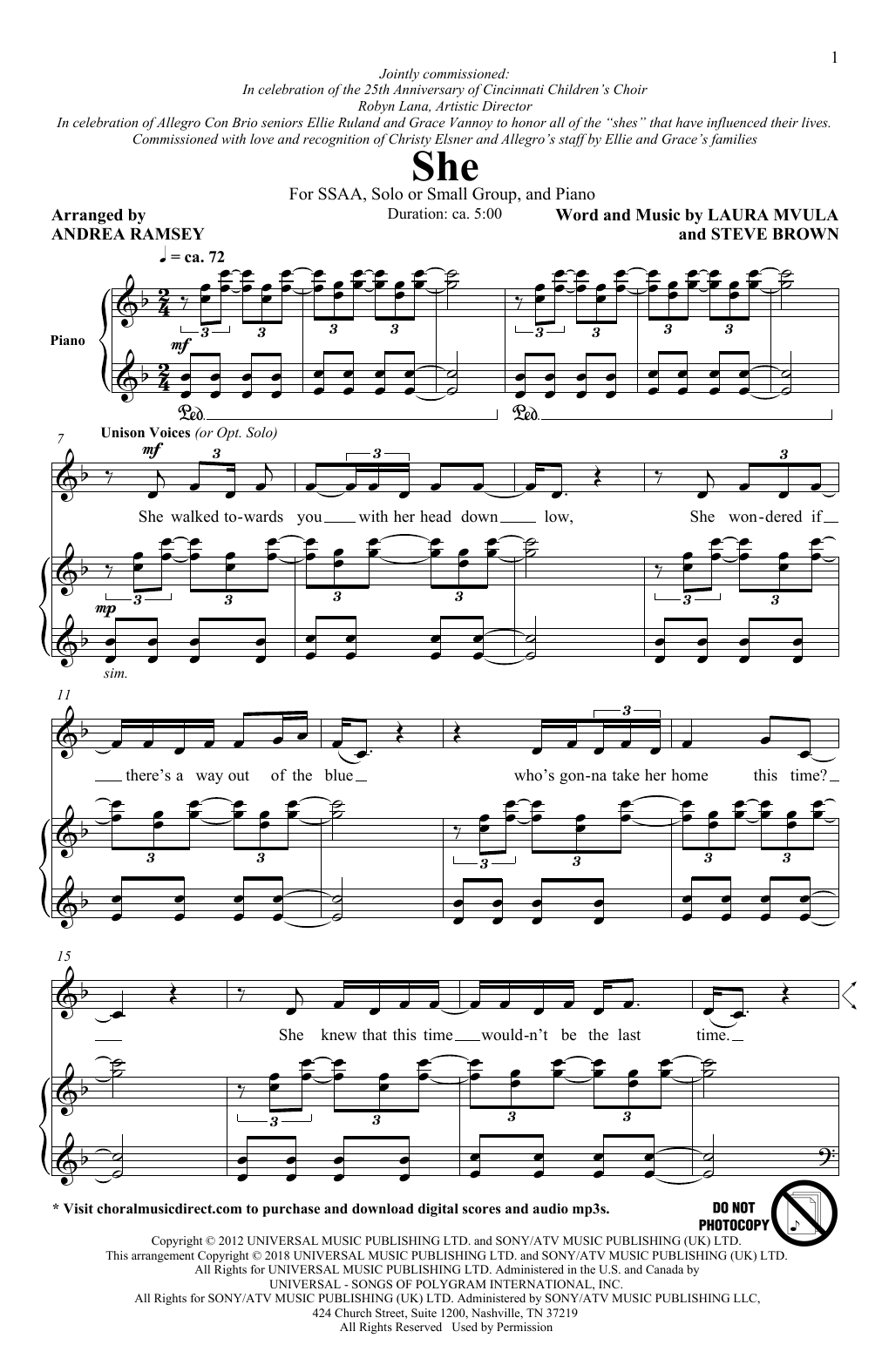 Download Laura Mvula She (arr. Andrea Ramsey) Sheet Music and learn how to play SSA Choir PDF digital score in minutes