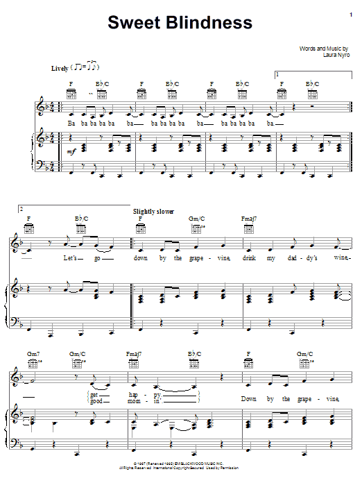 Download Laura Nyro Sweet Blindness Sheet Music and learn how to play Piano, Vocal & Guitar (Right-Hand Melody) PDF digital score in minutes