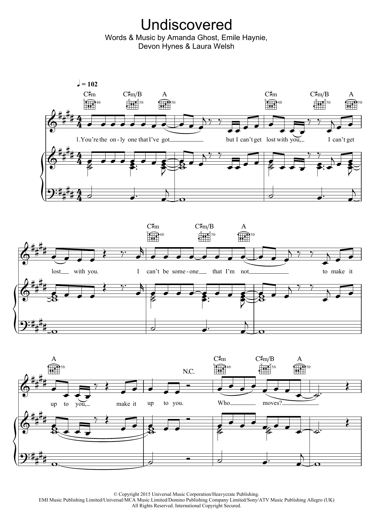 Download Laura Welsh Undiscovered (from 'Fifty Shades Of Grey') Sheet Music and learn how to play Piano, Vocal & Guitar (Right-Hand Melody) PDF digital score in minutes
