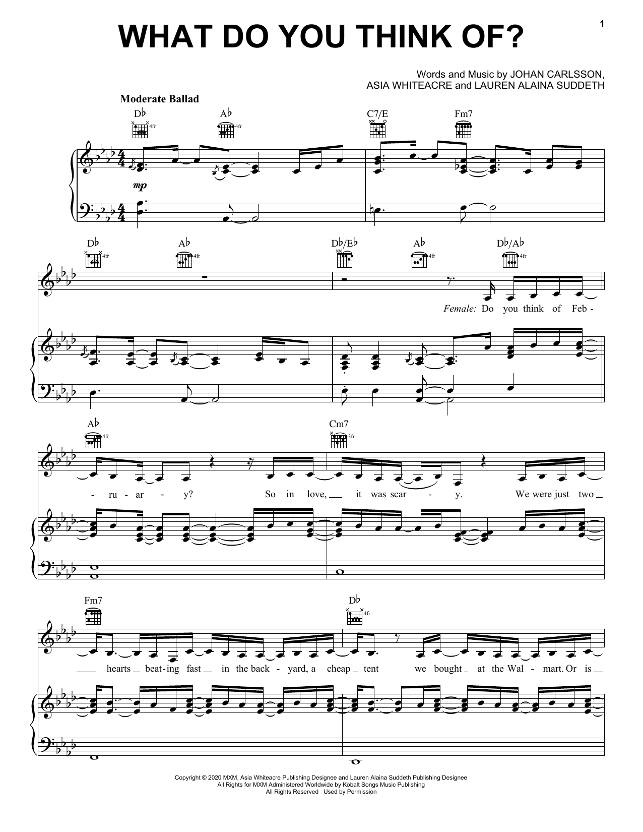 Download Lauren Alaina & Lukas Graham What Do You Think Of? Sheet Music and learn how to play Piano, Vocal & Guitar Chords (Right-Hand Melody) PDF digital score in minutes
