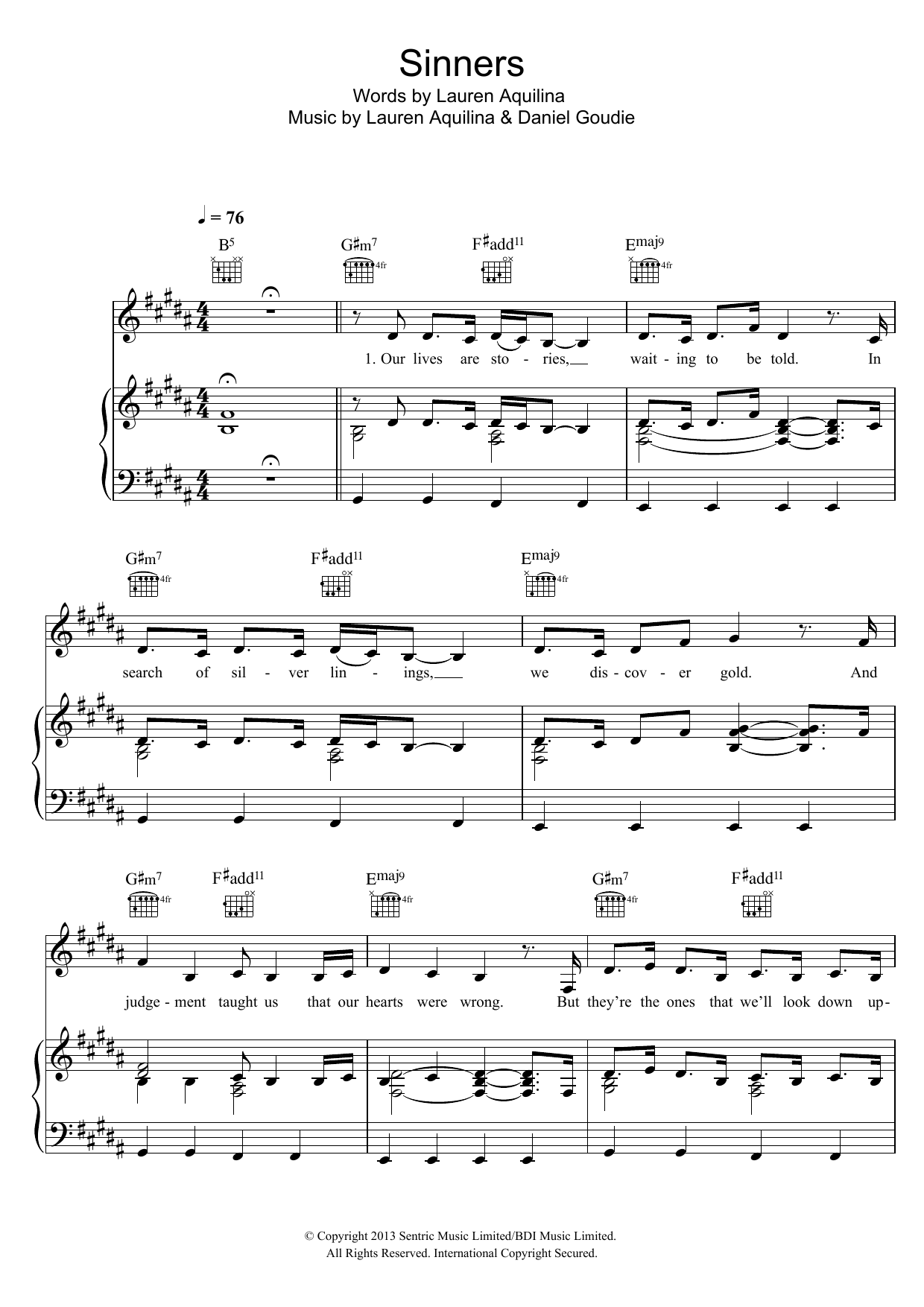 Download Lauren Aquilina Sinners Sheet Music and learn how to play Piano, Vocal & Guitar (Right-Hand Melody) PDF digital score in minutes